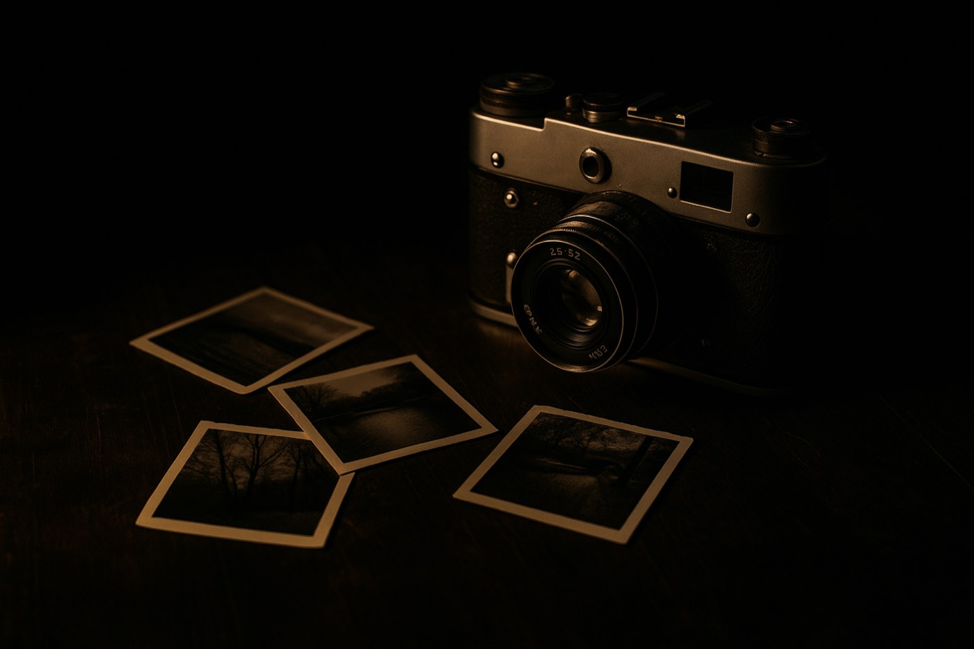 Плёночный фотоаппарат и несколько напечатанных снимков на тёмном столе
